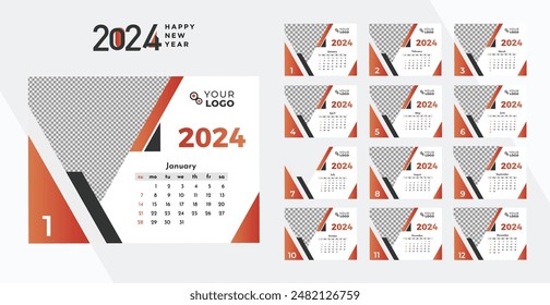 English calendar 2024 year background . Annual with 12 months  week start Monday corporate design template vector. Modern simple illustration