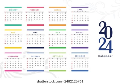 English calendar 2024 year background . Annual with 12 months  week start Monday corporate design template vector. Modern simple illustration