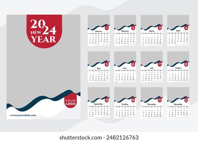 English calendar 2024 year background . Annual with 12 months  week start Monday corporate design template vector. Modern simple illustration