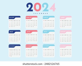 English calendar 2024 year background . Annual with 12 months  week start Monday corporate design template vector. Modern simple illustration