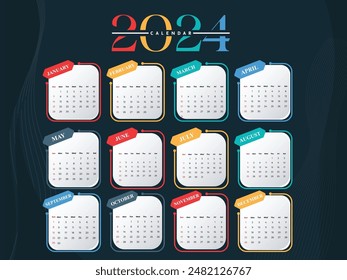 English calendar 2024 year background . Annual with 12 months  week start Monday corporate design template vector. Modern simple illustration