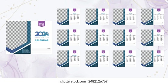 English calendar 2024 year background . Annual with 12 months  week start Monday corporate design template vector. Modern simple illustration