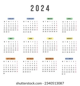 English calendar 2024 year. Vector square stationery calendar week starts Monday. Yearly organizer. Simple calendar template in minimal design. Business illustration.