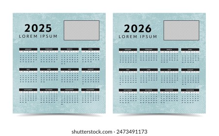 english calendar 2025 and 2026 layout with photo frame copy space