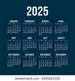 Calendario inglés 2025. Plantilla de diseño de calandra de Vector cuadrado. La semana comienza el domingo. Enero, febrero, marzo, abril, mayo, junio, julio, agosto, septiembre, octubre, noviembre, diciembre