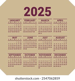 Calendario inglés 2025. Plantilla de diseño de calandra de Vector cuadrado. La semana comienza el domingo. Enero, febrero, marzo, abril, mayo, junio, julio, agosto, septiembre, octubre, noviembre, diciembre