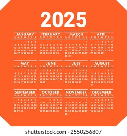 Calendario inglés 2025. Plantilla de diseño de calandra de Vector cuadrado. La semana comienza el domingo. Enero, febrero, marzo, abril, mayo, junio, julio, agosto, septiembre, octubre, noviembre, diciembre