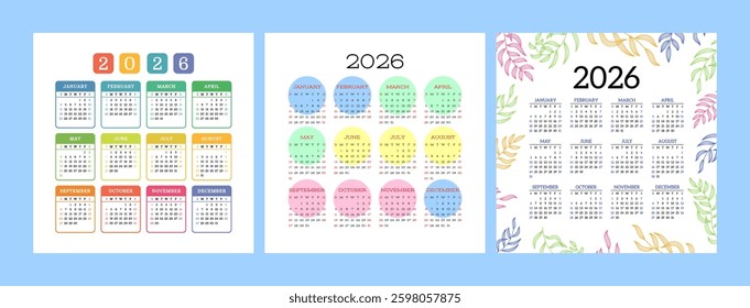 English calendar 2026 year set. Square vector pocket or wall calender design template bundle. Week starts on Sunday