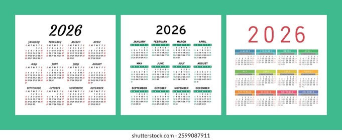 English calendar 2026 year set. Square vector pocket or wall calender design template bundle. Week starts on Sunday