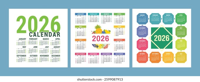 English calendar 2026 year set. Square vector pocket or wall calender design template bundle. Week starts on Sunday
