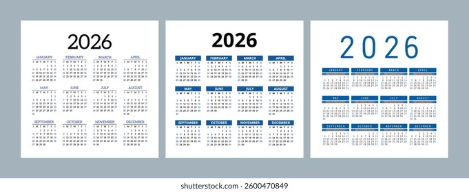English calendar 2026 year set. Square vector pocket or wall calender design template bundle. Week starts on Sunday