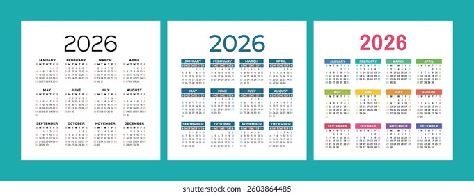 English calendar 2026 year set. Square vector pocket or wall calender design template bundle. Week starts on Sunday
