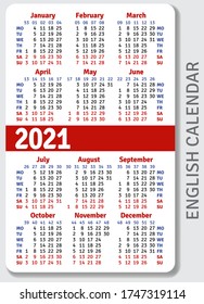 English calendar grid for 2021 in the form of a pocket calendar or personal organizer