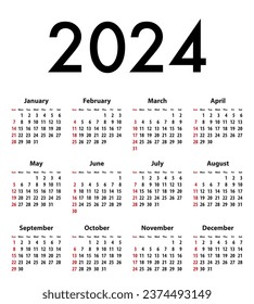 English Calendar grid bold digits for 2024. Best for calendar print, business, web design, office needs and presentations. Sundays first. Vector illustration