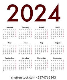 English Calendar grid regular digits for 2024. Best for calendar print, business, web design, office needs and presentations. Mondays first. Vector illustration