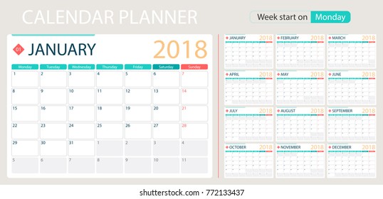 English calendar planner for year 2018, week start on Monday. Set of 12 months, corporate design planner template, size A4 printable calendar templates.