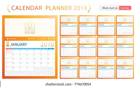 English calendar planner for year 2018, week start on Sunday. Set of 12 months, corporate design planner template, size A4 printable calendar templates. Orange yellow color.