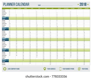 English calendar planner for year 2018. 12 months, corporate design planner template, size A4 printable calendar templates. Green military style.