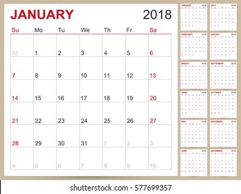 English calendar template for year 2018, set of 12 months, week starts on Sunday, printable calendar templates
