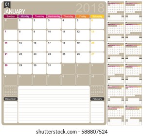 English calendar template for year 2018, set of 12 months, week starts on Sunday, printable calendar templates