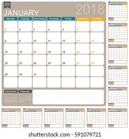 English calendar template for year 2018, set of 12 months, week starts on Monday, printable calendar templates