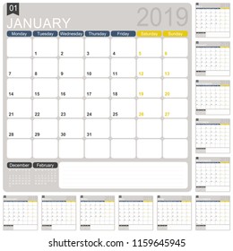 English calendar template for year 2019, set of 12 months January - December, week starts on Monday, printable calendar template, calendar planner 2019, vector illustration