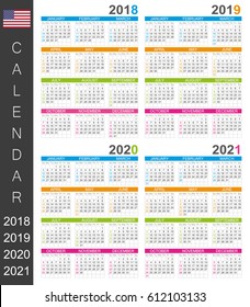 English calendar template for years 2018, 2019, 2020, 2021, week starts on Sunday.