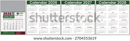 English calendar vector design for the year of 2026, 2027, 2028. English calendar week starts from Monday for 26,27,28 year. 