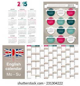 English calendar for year 2015, week starts on Monday
