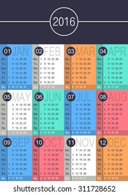 English calendar for the year 2016, week starts on Monday