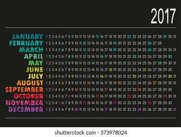 English calendar for year 2017, vector illustration, vector illustration