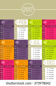 English calendar for year 2017, week starts on Sunday, vector illustration