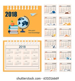 English calendar year 2018 for desk or wall with education concept. Set of the 12-month isolated pages with image on the cover. Week starts on Sunday. eps 10