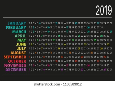 English calendar for year 2019 on black background