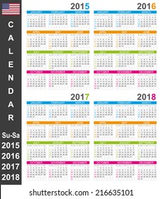 English calendar for years 2015-2018, week starts on Sunday