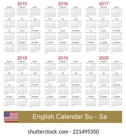 English calendar for years 2015-2020, week starts on Sunday