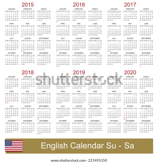2015年から2020年の英語のカレンダー 週は日曜日から始まる の