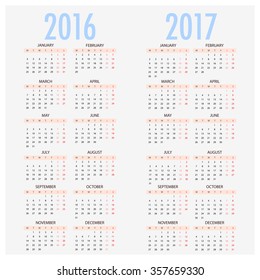 English calendar for years 2016 and 2017, week starts on Monday, Simple Vector Template