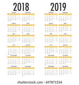 English calendar for years 2018 and 2019, week starts on Monday, Simple Vector Template