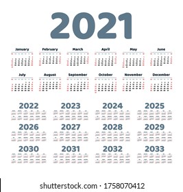 English Calendar Years 20202032 Week Starts Stock Vector (Royalty Free ...