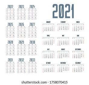 English Calendar Years 20202032 Week Starts Stock Vector (Royalty Free ...