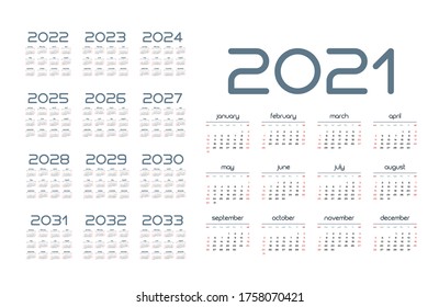 English Calendar Years 20202032 Week Starts Stock Vector (Royalty Free ...