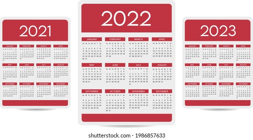 English Calendar years 2021-2022-2023 vector template 