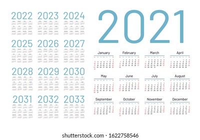 English calendar for years 2021-2033, week starts on Sunday
