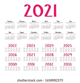 English calendar for years 2021-2033, week starts on Sunday
