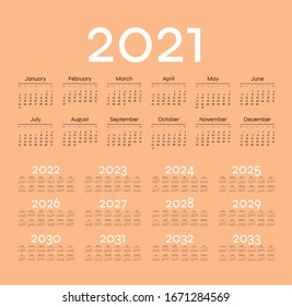 English calendar for years 2021-2033, week starts on Sunday