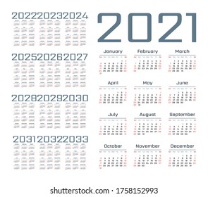 English calendar for years 2021-2033, week starts on Sunday