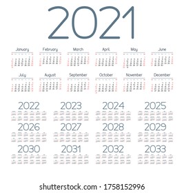 English calendar for years 2021-2033, week starts on Sunday