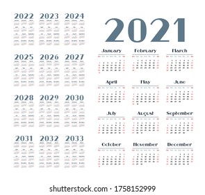 English calendar for years 2021-2033, week starts on Sunday