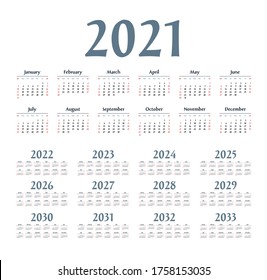 English calendar for years 2021-2033, week starts on Sunday